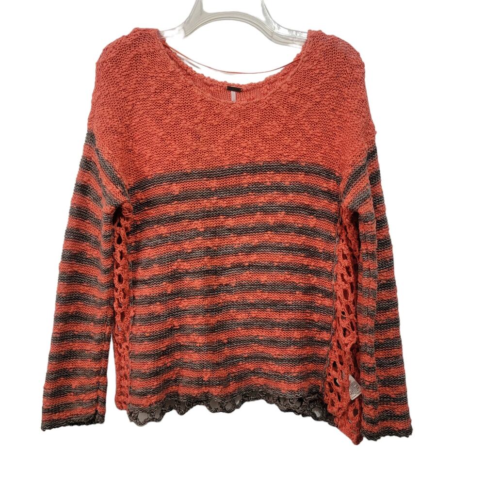 Free People Sweater Striped Crochet Knit Boatneck Cotton Long Sleeve Coral XS